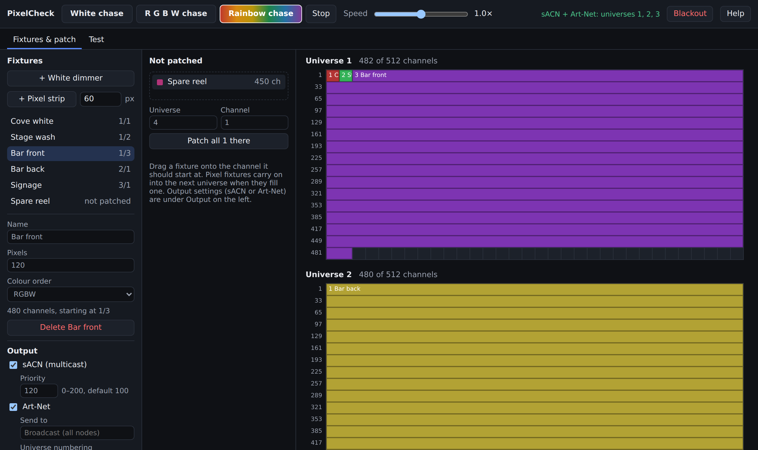 The patch screen: a strip selected, its colour order and pixel count, and where it sits on the universe grid