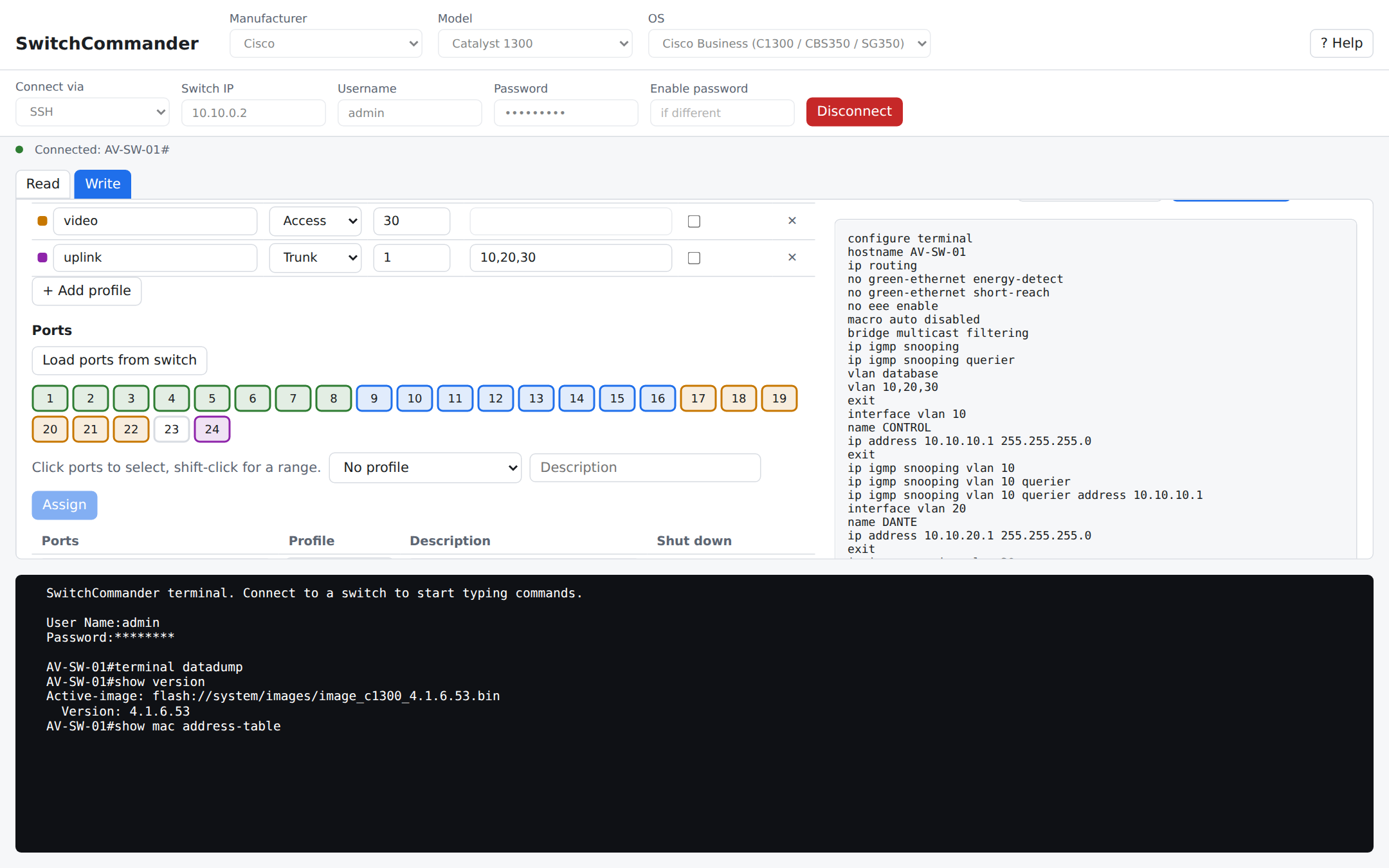 The Write tab: port profiles shown as coloured ports, with the exact commands previewed on the right